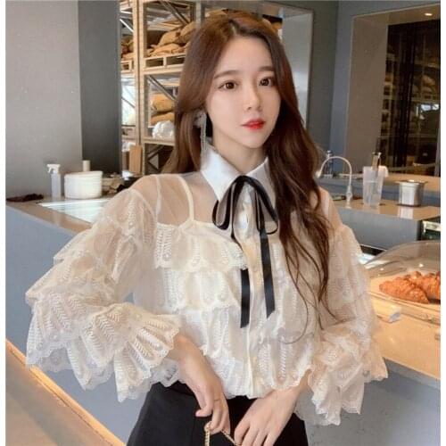 2019 Summer New Womens Shirt Ruffled Lace Shirt Women Tide Fashion Wild Slim Slimming Shirt With Suspenders