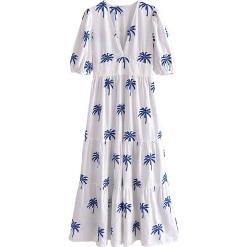 Women Elegant Floral Embroidery Long Dress Puff Short Sleeve V Neck Midi Dresses Female Elastic Waist A Line Dress