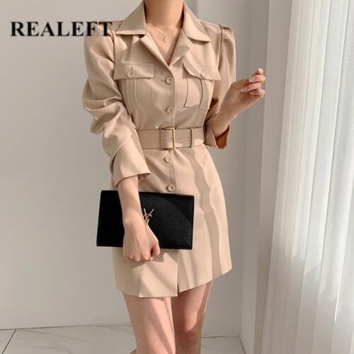 REALEFT Autumn Winter Blazer Dresses with Belted 2021 New Long Sleeve Single Breated Elegant Straight Office Mini Dress Female