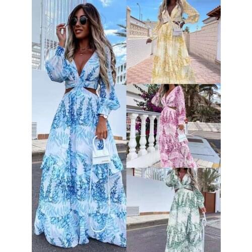 Ladies Sexy Deep V-neck Cutout and Elegant Party Tie-dye Ruffled Long Skirt Fashionable Casual Long-sleeved Loose Dress