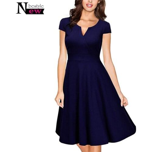 Newbestyle Audrey Hepburn 50s Vestidos Womens Dress Formal V Neck Casual Office Wear Working Bodycon Knee Length A-line Dresses
