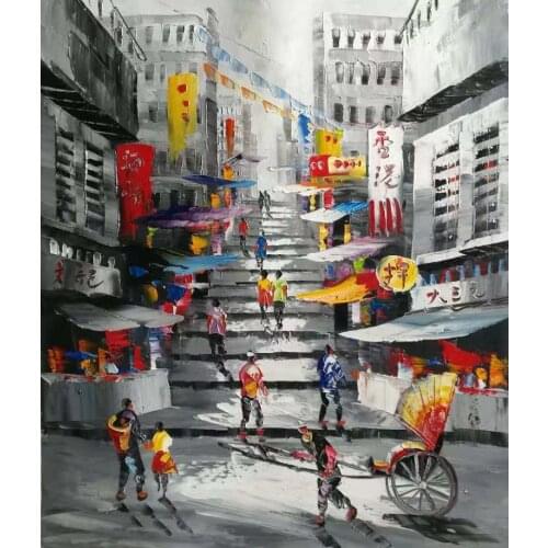 100%Hand Painted Canvas Knife Oil Painting Abstract Hong Kong Trams Street Canvas Painting Wall Art Picture for Home Decoration