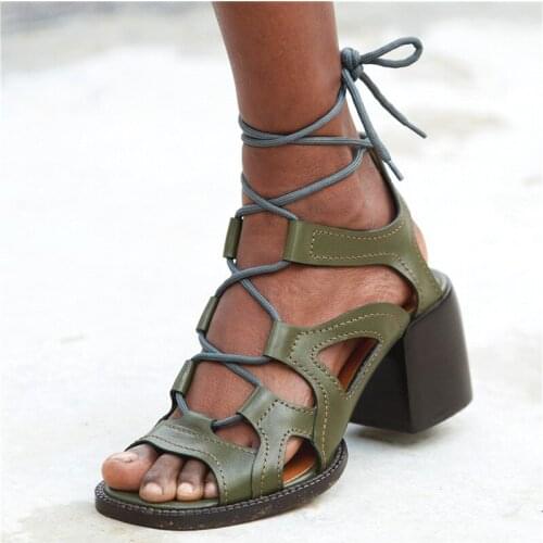 2021 Summer Gladiator Sandals Thick-heeled Cow Genuine Leather Shoes Retro Hollow Ankle Strap Sandalias Square Heel Sandalia