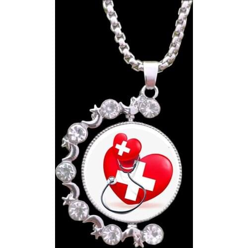 Cute Rotatable Double Faced Medical Syringe The Red Cross Heart Nurse Cap Stethoscope Necklace Pendant Female Women Gift