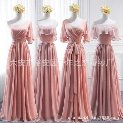 Bean Paste Bridesmaid Dresses Long Chiffon V-Neck A-Line Ruffles Sleeve Wedding Party Graduation Prom Gowns Spaghetti Straps