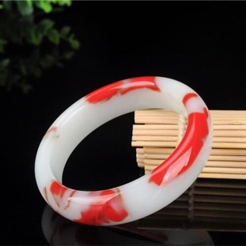 Genuine Natural Red White Jade Bangle Bracelet Chinese Jadeite Carved Fashion Charm Jewelry Accessories Amulet Men Women Gifts