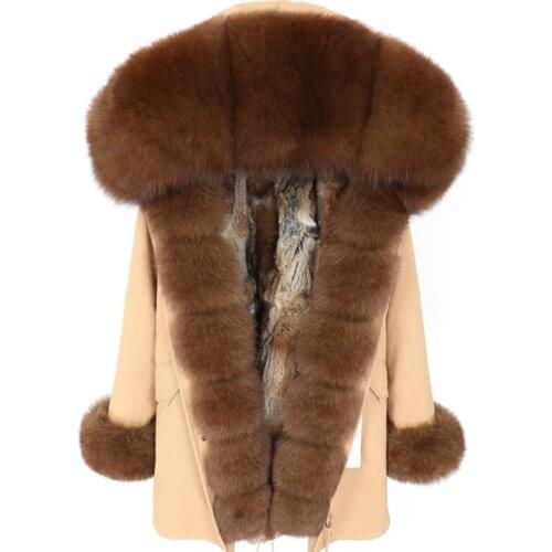 Women Real Fur Coat Fox Fur Collar Detachable Rabbit Fur Liner Mid-length Parker Winter Jacket