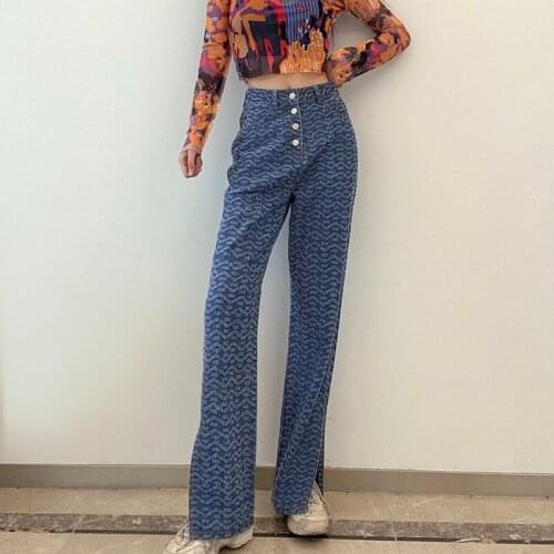 Retro Striped Printed Jeans Women High Street Personality Split Loose High-waist Straight Wide Leg Pants