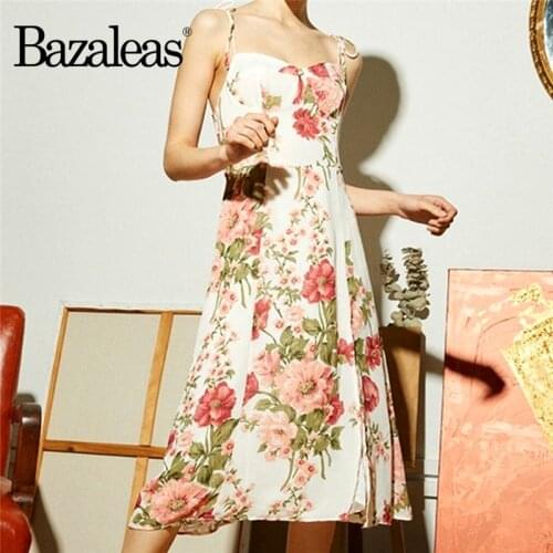 Bazaleas Elegant Floral Print White women midi dress Vintage Elastic Bust Side Split women dress Adjust Spaghetti straps vestido