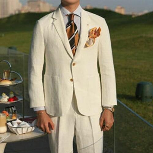 Costume Linen Boyfriend Men Suits for Wedding Prom 2 piece Custom made Groom Tuxedos Man Fashion Clothes Set Blazer With Pants