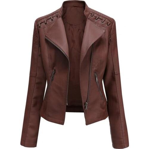Women Autumn Winter Faux Leather Jacket Zipper Stand Collar Motorcycle Slim Coat