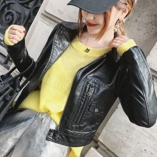 Short Red Black Faux Leather Jacket Women Long sleeve Plus size Leather Biker Jacket Female Spring Motorcycle Jacket Streetwear