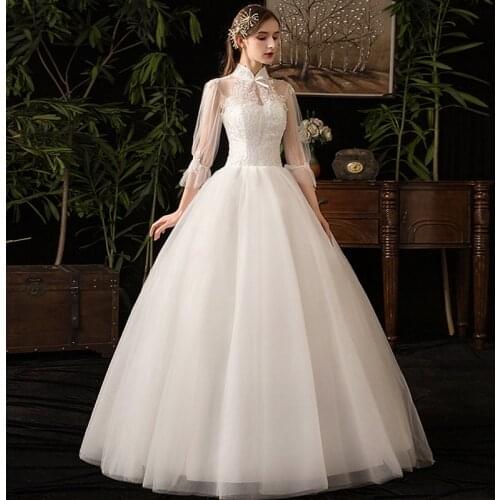 2021 New Bridal Gown Three-Quarter Sleeve White Dress lace Applique Sexy Illusion Can Be Customized