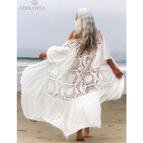 2021 New Bikini Cover-ups Sexy Belted Summer Dress White Lace Cotton Tunic Women Plus Size Beach Wear Swim Suit Cover Up Q1049