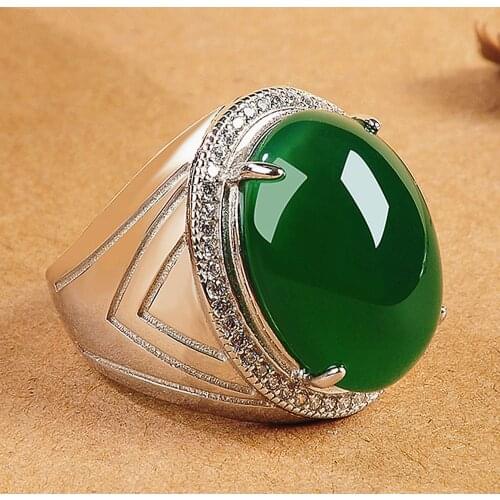 Oval green jade gemstones rings for men zircon diamonds white gold silver color jewelry masculine vintage royal band Arabia gift