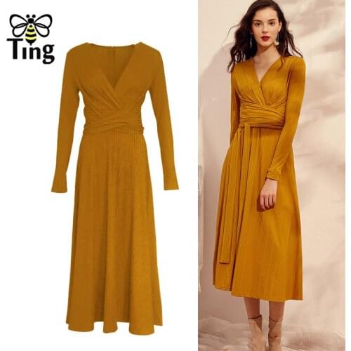 Tingfly Vintage Elegant V Neck Slim Women Midi Long Dress Spring Autumn New A Line Vestidos Office Work Wear Clothing Zaful Robe