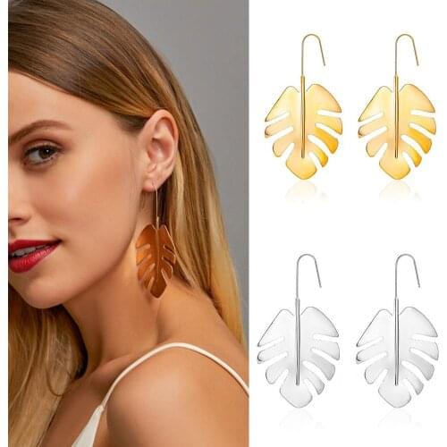 Women Hollow Big Plantain Leaf Long Dangle Alloy Ear Hook Earrings Jewelry Gift Ear Hook Earrings Jewelry Gift Ear Hook Earrings