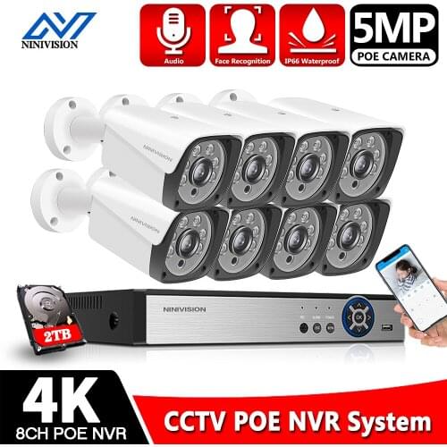 NINIVISION 8CH Ultra HD POE Network Video Security System 5MP H.265+ NVR With 8pcs 5MP Weatherproof IP Camera CCTV Security Kit
