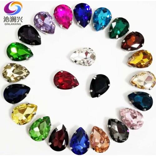 Mix color Silver base Teardrop shape High quality Glass Crystal sew on claw rhinestones with holes ,Diy Clothing accessories