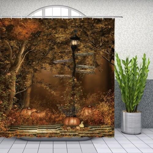 Halloween Shower Curtains Pumpkin Street Lamp Indicator Tree Plant Flower Scenery Holiday Themed Bathroom Decor Curtain Set