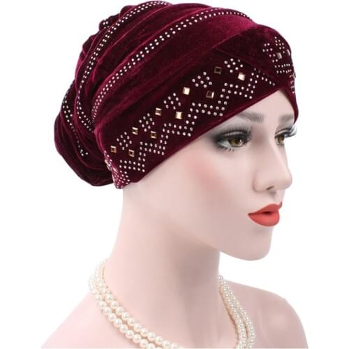 Women Flower Chemo Cap Muslim Hijab Beads Turban Velvet Inner Caps Hat Scarf Wrap Headwear Islamic Headscarf Beanie Bonnet Arab