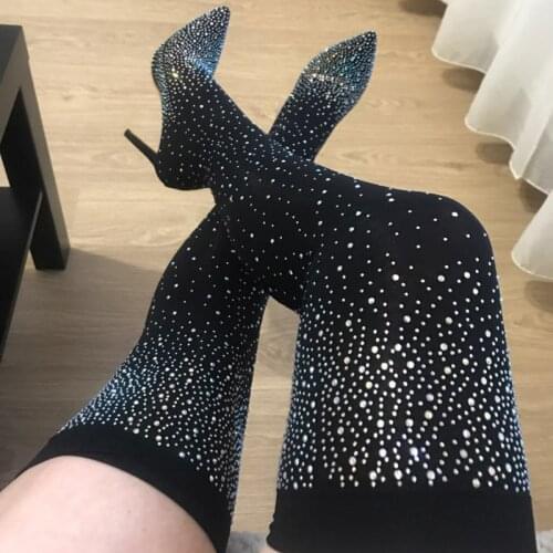 2020 Fashion Women Over The Knee High Thigh Sock Boots 11.5cm High Heels Crystal Diamond Stripper Long Thigh Pleaser Boots Shoes