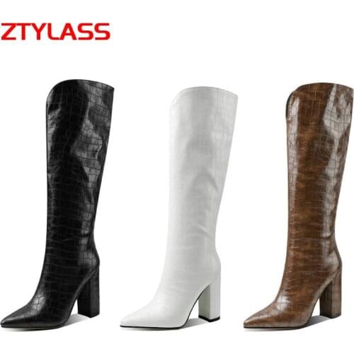 Black White Brown Autumn Winter Vintage Women Boots Fashion Slip On Knee High Boots Ladies Stone Print Square High Heel Shoes