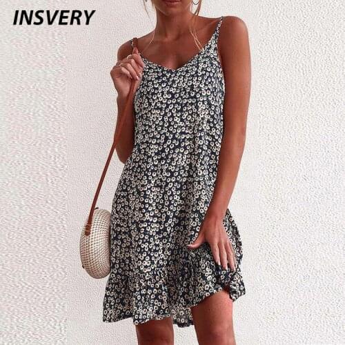 Women Dresses Summer 2021 Sexy V Neck Floral Print Boho Beach Dress Ruffle Sleeveless Casual Mini Dress Women Sundress Robe