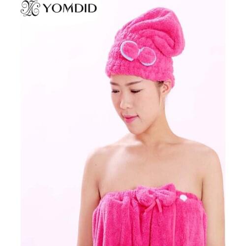 Women Bathroom Hair Towel Super Absorbent Quick-drying Coral Velvet Dry Compressed Hair Towel Bow Solid Color Absorbent Towel