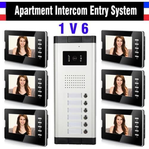 6 Units Apartment Intercom System 7 Inch Monitor Video Intercom Doorbell Door Phone Intercom Video Door Camera kits