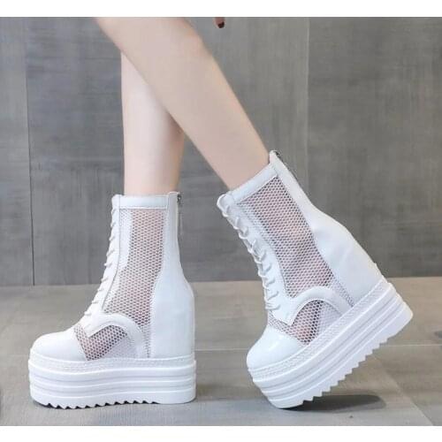 Height Increased12CM Girl Platform Shoes 2020 Summer Cool Boots Women Hollow Ankle Boots For Women White Black Women Martin Boot