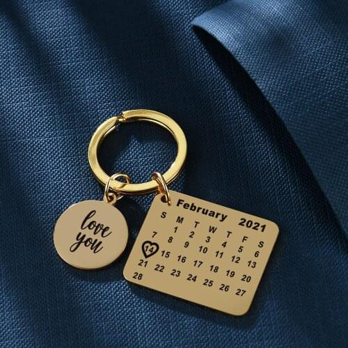 2021 Valentines Day Calendar Keychain Stainless Steel Jewelry Engraved Date Keychain for Valentines Gift Couples Key Ring O3SC