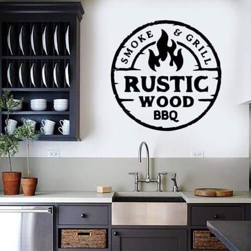 Rustic Wood BBQ Wall Sticker Smoke Grill Decal Personalized Kitchen Room Decor Menu Steak Stickers Removable Art Mural Fire