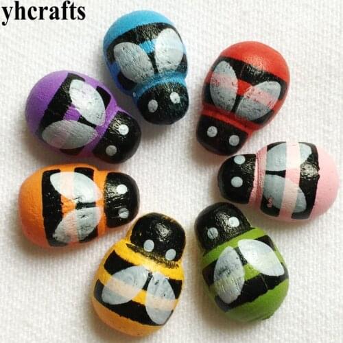 100PCS/LOT Mini colorful bee wood stickers Ladybug apple animals smile stickers Early learning educational toys Wall ornament