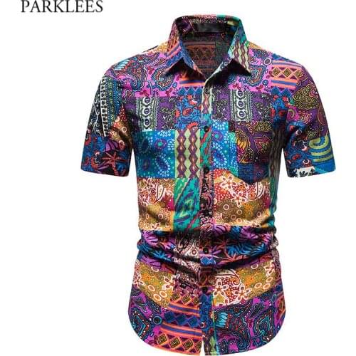 African Dashiki Print Cotton Linen Shirts Male Casual Short Sleeve Hawaiian Aloha Shirts Men Button Down Beach Wear Shirt S-3XL