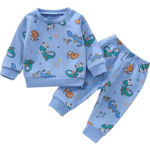 Infant Kids Baby Boys 2Pcs Outfit Clothes Set, Blue Cartoon Dinosaur Printed Pattern Round Collar Top + Long Pants, 0-4 Years