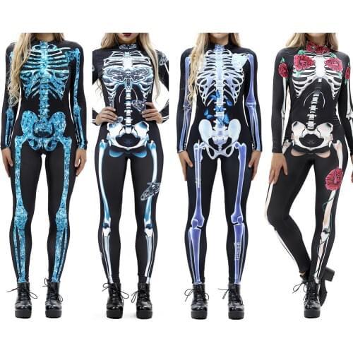 Halloween 3D Scary Skeleton Bone Print Costume Adult Women Horror Carnival Joking Catsuit Jumpsuit Long Sleeves Bodysuit Female