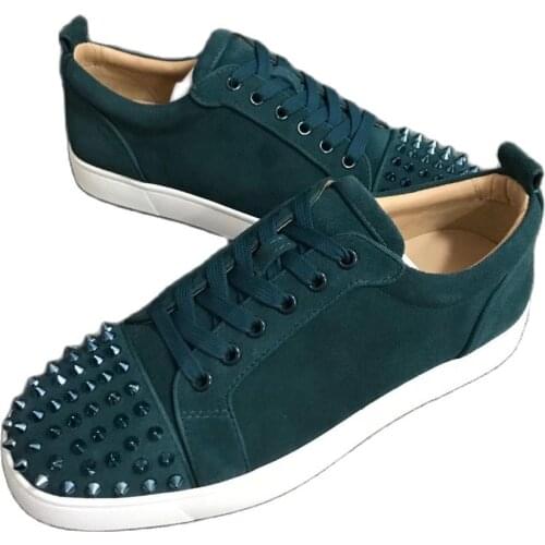 Luxury Couple Low Cut Red Bottom Dark Green Suede Genuine Leather Shoes For Men Casual Flats Loafers Rivets Toecap Sneakers
