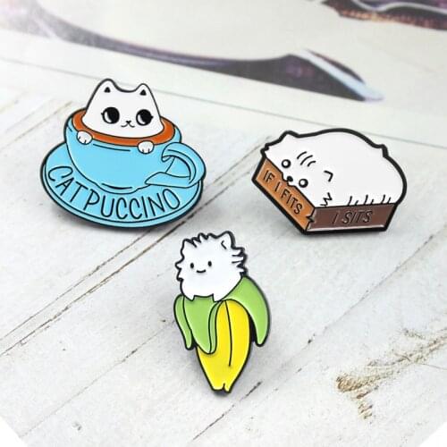 MINGQI Cartoon Cat Brooch Coffee Cup Cat Banana Cat I FITS I SITS Cats Enamel Pin Animal Badge Denim For Kids Friends Jewelry