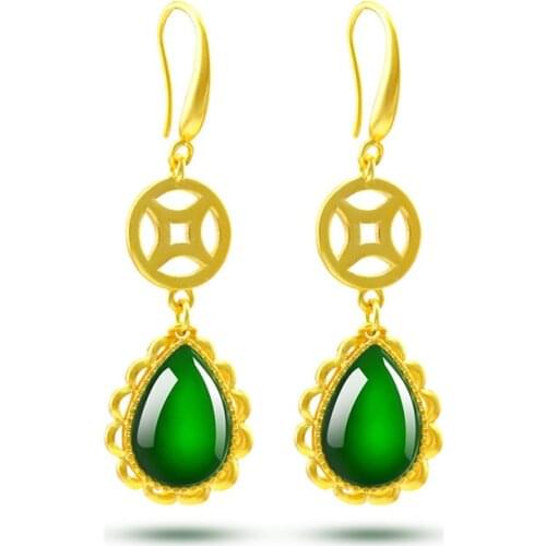 Fashion Women Earrings 14K Gold Drop Earring Chinese Style Classic Coins Gemstone Earrings Green Emerald Jade Earrings Female