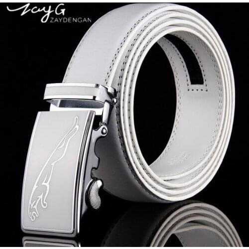 ZAYG Mens Luxury Sliding Ratchet Automatic Buckle Waistband White Leather Belt Waist Strap Waistband Jaguar Unique(Color: White)