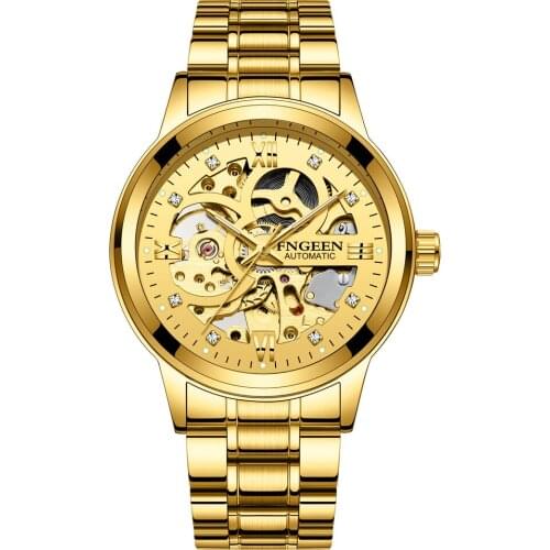 New FNGEEN 6018 Men Automatic Mechanical Watch Casual Sport Stainless Steel Skeleton Crystal Dial Mens Wristwatches Clock