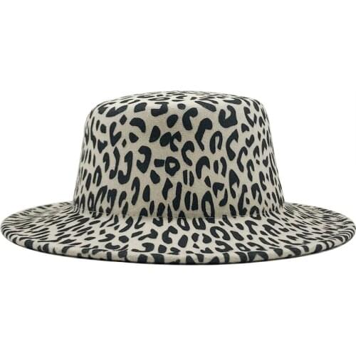 New Wide Brim Leopard Print Flat Top Wool Fedora Felt Hat For Women Autumn Winter Boater Jazz Cap Black band