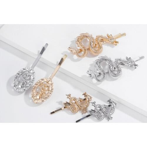 MINAR Chinese Style Gold Color Dragon Hollow One-word Hairpin for Women Metal Curved Round Barrette Hair Accessories Jewelry
