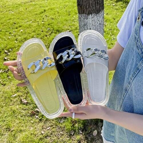 2021 New Ladies Slippers and Sandals Black Metal Chain Decorated Flat Sandals RA Split Toe Women Slides SAME Design
