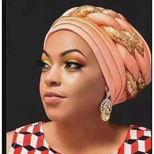 2021 Women Braids Turban Cap African Aso Oke Auto Gele Headtie Ready to Hijab Bonnet Female Head-Wrap Caps Turbante Mujer