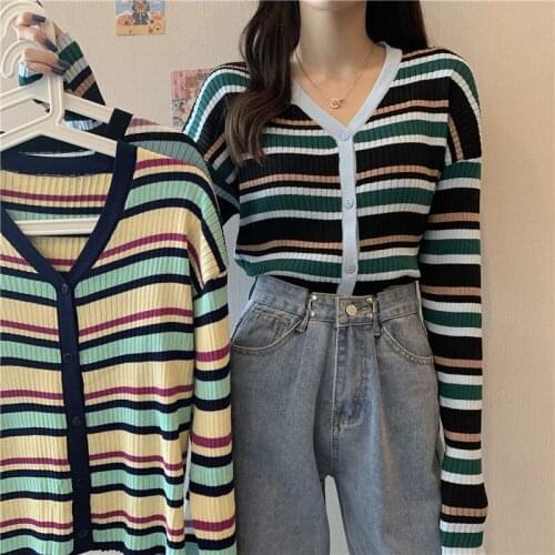 Woman Sweaters Cardigan Autumn 2021 V-neck Striped Long-Sleeved Knitted Cardigan Loose-Fitting Coat Top Sueters De Mujer
