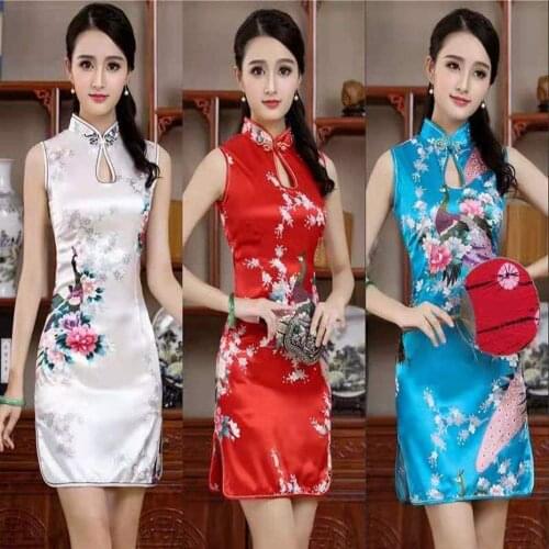 New Satin Womens Sleeveless Sexy Qipao Dress Chinese Style Mandarin Collar Formal Short Flower Cheongsam M L XL XXL
