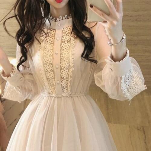 Women Stand Collar Button Long Sleeve Lace Maxi Dresses Hollow Out Mesh Layered Cake Elegance Fairy Sweet White Elegant Dress