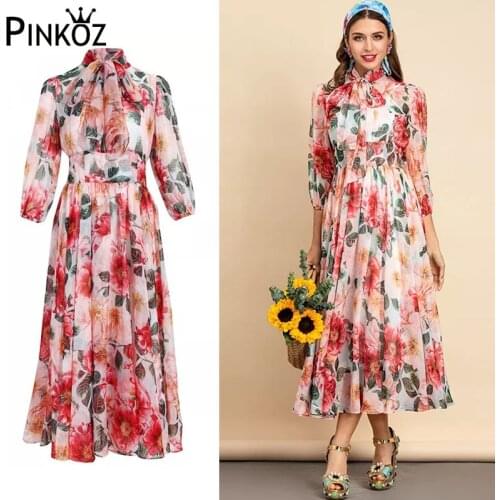 Pinkoz runway designer high quality chiffon soft red rose flower printed long sleeve bow collar robe party women maxi dress traf